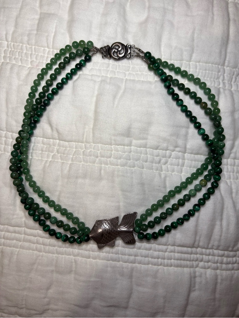 Green Stone Beaded Triple-Strand Necklace with Silver Fish Accent